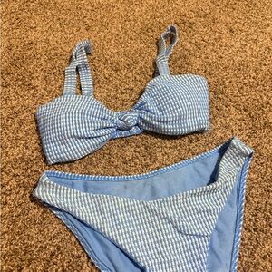 Blue & White Textured Knot Bikini Set